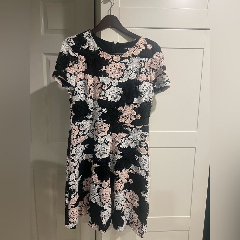 Karl Lagerfeld Dress 12 Black White Peach Pink Floral Lace